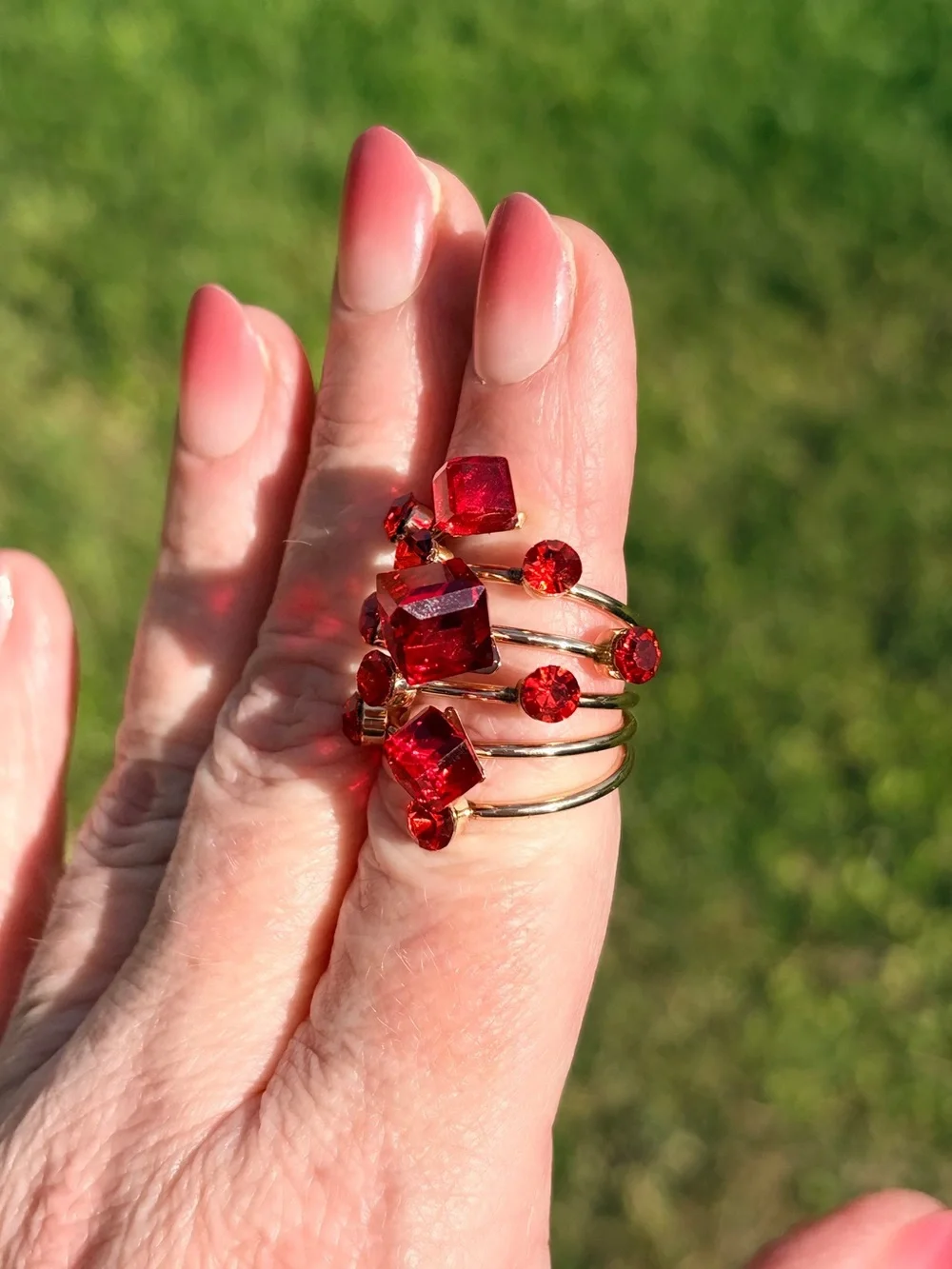 Sparkling Red Crystal Statement Ring – Gold Tone